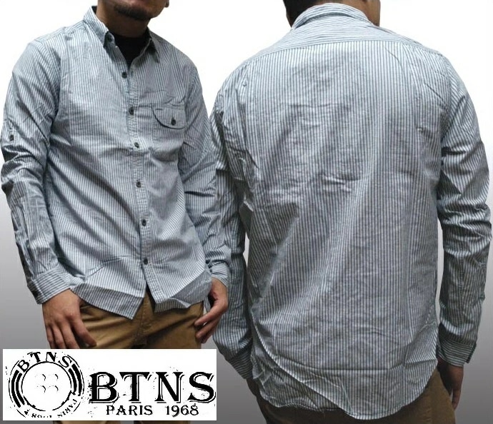 BTNS メンズ カジュアルシャツ ブルー ロールアップ サファリ シャツ ストライプシャツ インポート LAカジュアル アメカジ セレカジ セレブ スタイル 海外人気セレクトショップ プラネットブル