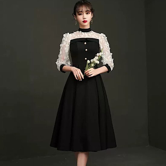 【取寄：納期2週間】結婚式ドレス ハイネック モノトーン シースルー ドット柄 フロントボタン 発表会 演奏会 レディース フレアドレス 結婚式 ステージ衣装 膝丈 エレガント