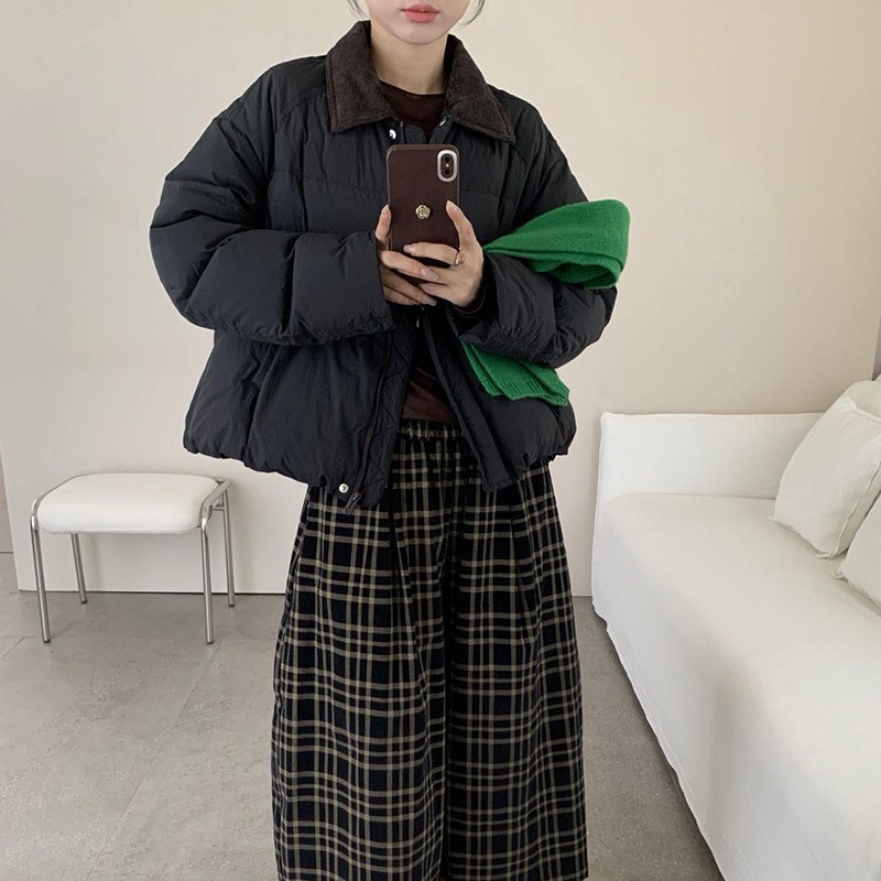 韓国風ホワイトダックダウンコーデュロイカラーダウンジャケット（レディース）ショートスタイル冬新作スイートプチスタイルのパファージャケット