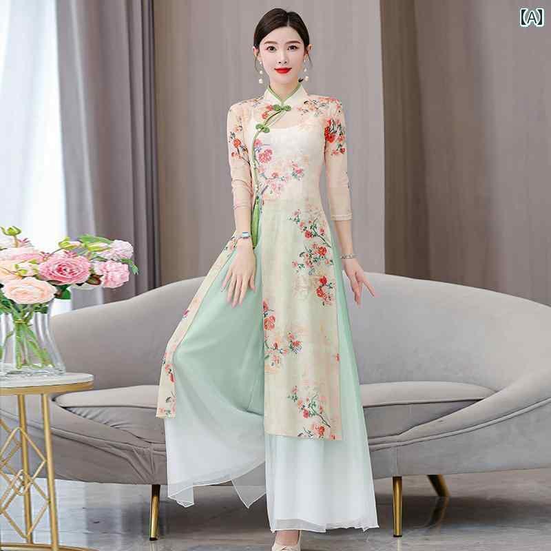 [お勧め商品]アオザイ 衣装 チャイナドレス エレガント レディース ロング丈 大きめサイズ スタンドカラー ハイウエスト ジップアップ 七分袖 夏 緑 青 花柄