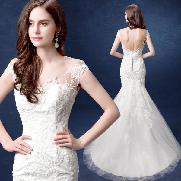 ウエディングドレス 安い ウエディングマーメイドドレス 二次会 花嫁 マーメイドドレス ロング 結婚式 ブライダル 披露宴 ウェディングドレス バックレス-641