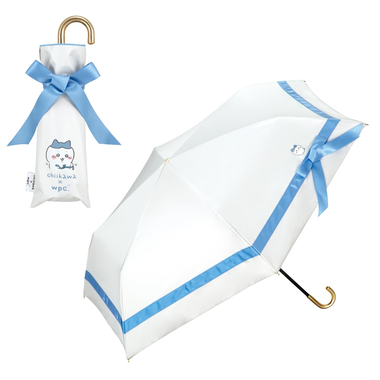【2025】Wpc. 日傘 遮光 ちいかわ ほめられリボン ミニ オフ 遮光率100%/UVカット率100%/・UPF50＋/遮熱/晴雨兼用 折りたたみ傘 ハチワレ [友情を結ぶ大切な青いリボン] コ