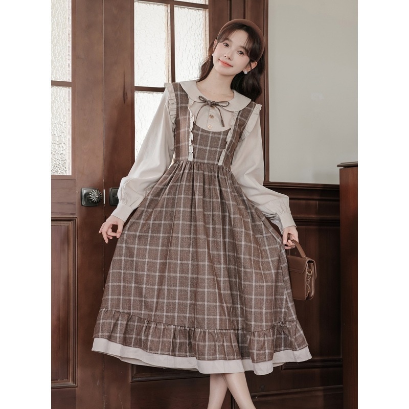 【急速出荷】送.料.無.料.アカデミア風 花柄ドールネックフリル ロングスカート ワンピース