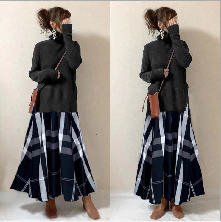 【再入荷予定】華やかさをプラス 切り替え チェック柄 オフタートルネック ロング 混色 ワンピース