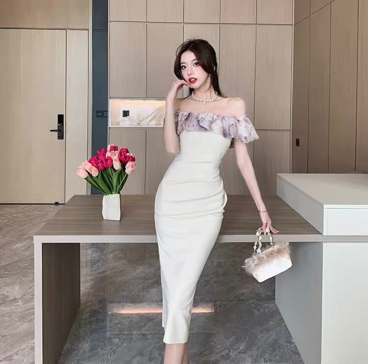 ドレス パーティードレス イブニングドレス ウェディング パーティー 結婚式 二次会 披露宴 ミモレ 袖なし オフショル 肩出し スレンダー タイト スリム ストレート 細身 Iライン イブニング ハ