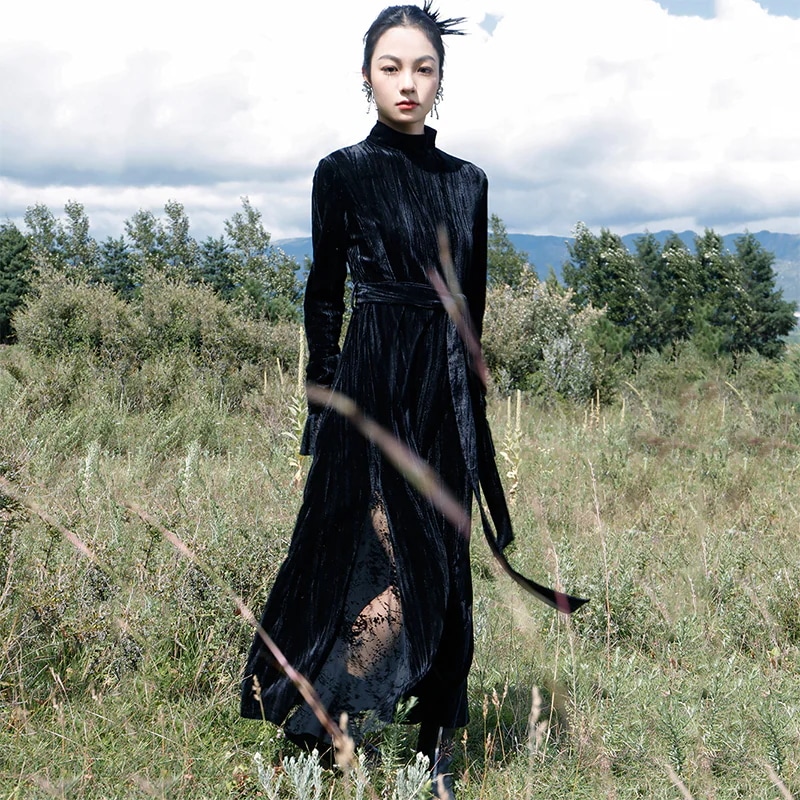 ベルベット ワンピース 秋冬 ベロアワンピース ロング 長袖 黒 切り替え フロッキーチュール スタンドカラー 暗黒風 レトロ 腰括れ 着瘦せ