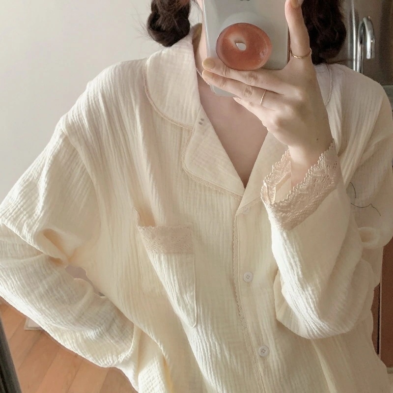 アップ ルームウェア セット 部屋着韓国外国貿易婦人パジャマシンプルなレースの綿糸はゆったりしている長袖長ズボンパジャマルームウェアスウェット上下セット ジャージ