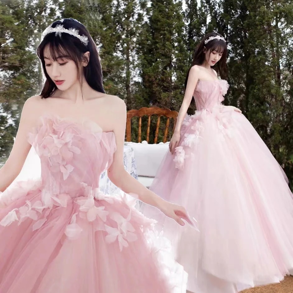 ウェディングドレス カラードレス ロング 演奏会 二次会 結婚式 ピンク パーティードレス 花嫁 花飾りのドレス