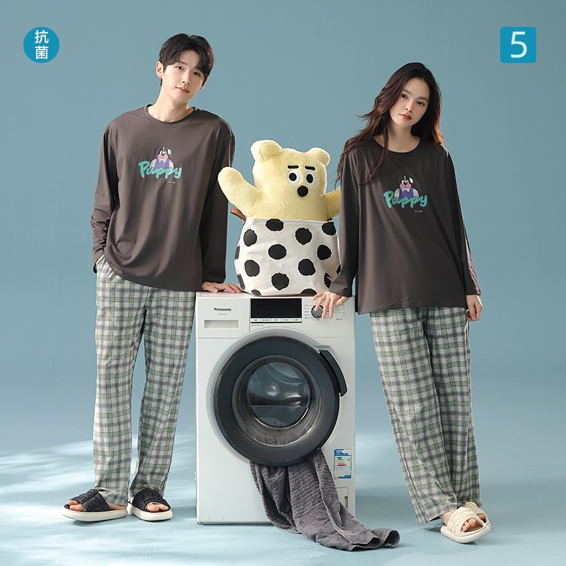 【抗菌新疆綿】漫画犬秋長袖チェックパンツカップルパジャマ純綿ホームウェアセット