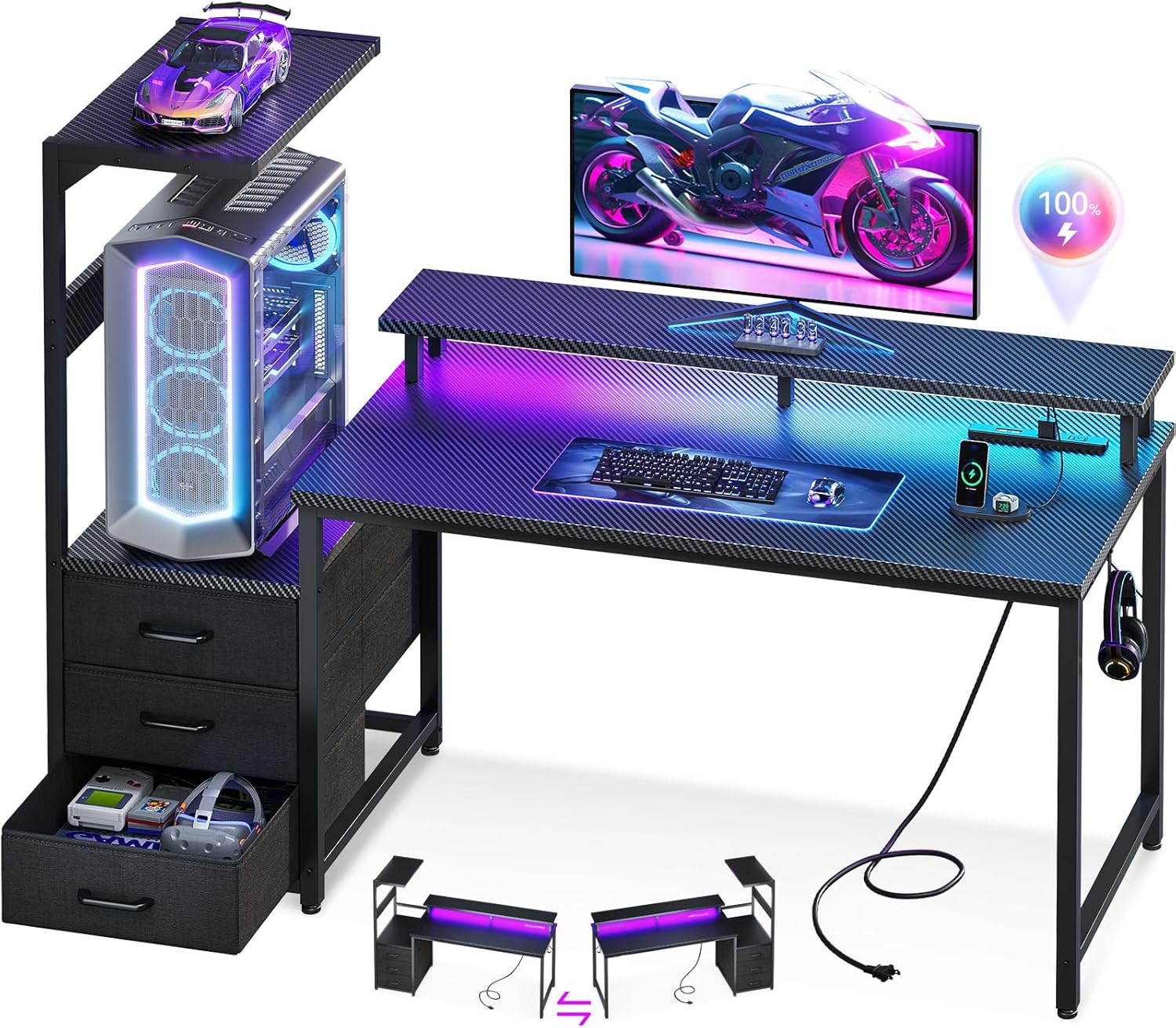 AODK ゲーミングデスク パソコンデスク コンセント&LED付き 幅130cm 机 pcデスク ゲームデスク 引き出し＆モニター台付き ゲーミングテーブル 棚付き