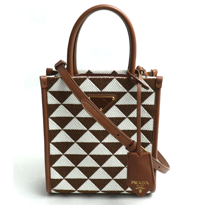 PRADA プラダ シンボル エンブロイダリーファブリック ミニ 2Wayショルダーバッグ ブラウン ホワイト ｍｂｍｂ IC レディース 中古 美品