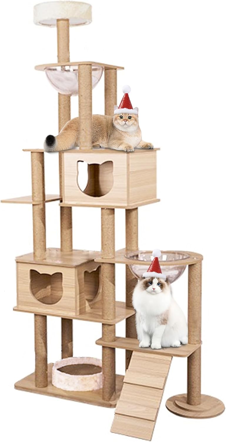 YUCHONG キャットタワー 猫タワー 6階建てのタワー 透明のスペースカプセル 大きくてスリムなデザイン 高さ197cm 多頭飼い 頑丈 安定感 運動不足解消 サイザル麻ロープ巻き