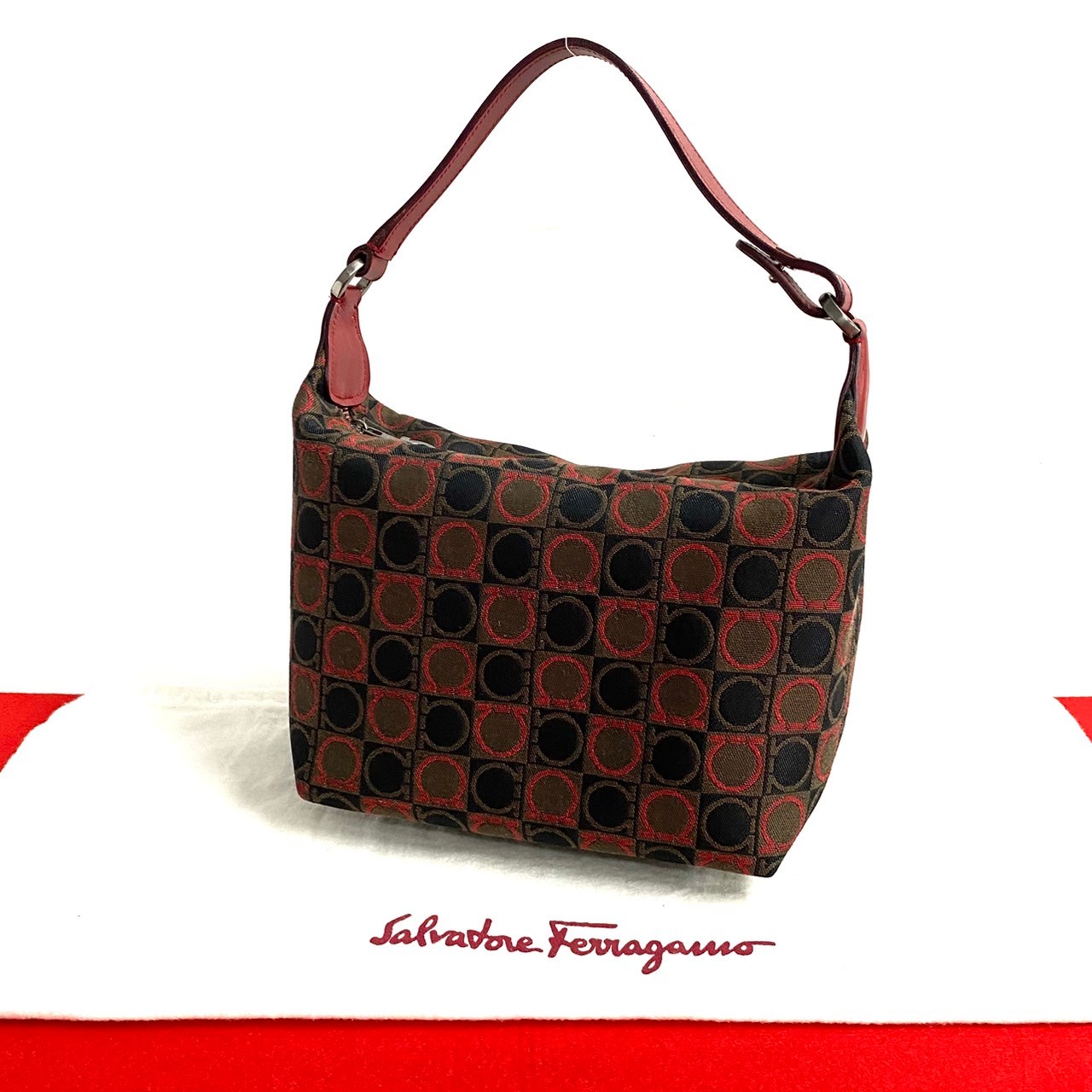 ガンチーニ 総柄ハンドバッグ レザー キャンバス レッド 91990