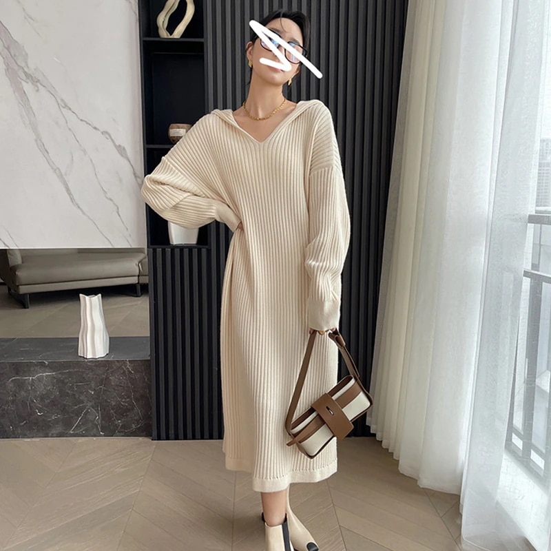 パーカー ニットワンピース 秋冬 セミロング丈 ゆったり インナー セーターワンピースPM107