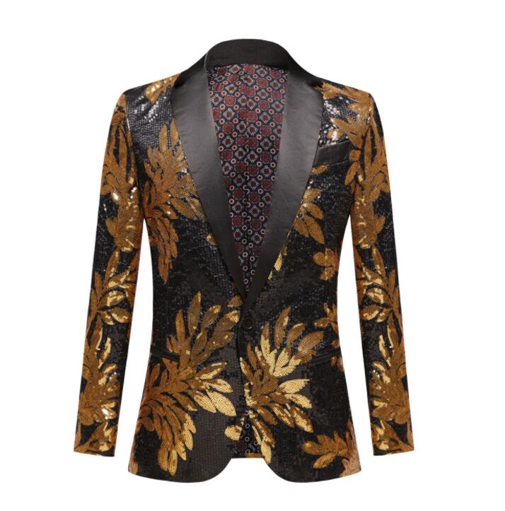 在庫整理のため値下げします！スパンコール ジャケット スーツ メンズ 長袖 一つボタン 花柄 総柄 スパンコール 花 刺繍 スーツ ジャケット 金色な花柄 きらきら 舞台 ステージ衣装 派手 スーツコ