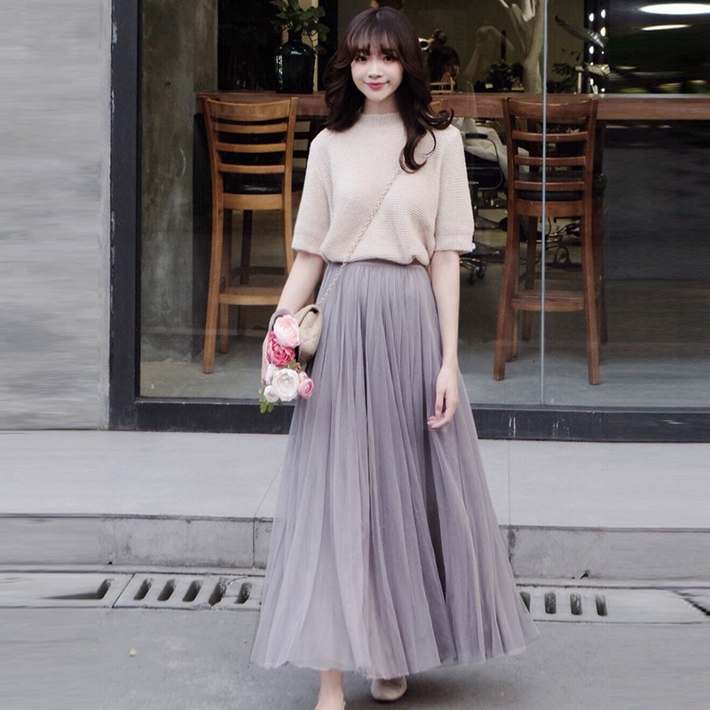 メッシュフレアスカート たっぷりフレア 春 夏 ハイウエスト ミドルロングスカート ウェストゴム