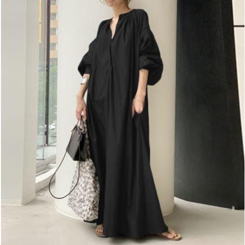 マキシワンピース ロングワンピース レディース 大きいサイズ ワンピ 無地 ワンピース 春秋 30代 40代 50代 おしゃれ 長袖 ブラック