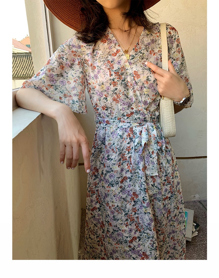 ワンピース フレアワンピース ロング ロング丈 袖あり 五分袖 ボリューム袖 フレアスリーブ Vネック カシュクール 襟なし フレア 細身 Aライン シフォン リボン ウエストマーク ウエストリボン