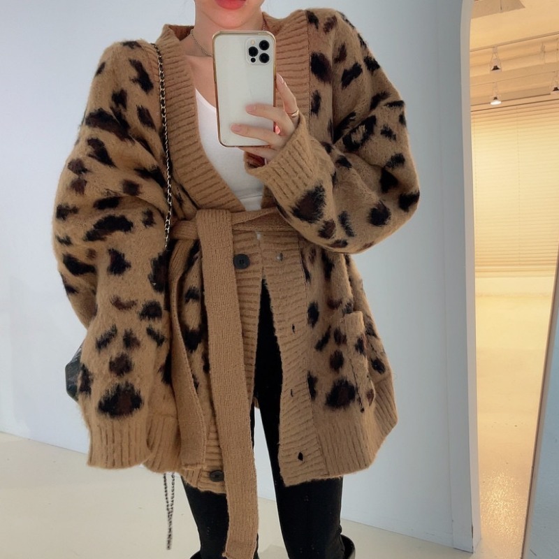 アウター レディース カーディガン ニット 韓国 レオパード フリーサイズ ワンサイズ ゆるニット シンプル 長袖 ウエストマーク ロング丈 リラックス かわいい カワイイ 大人可愛い おしゃれ 大人