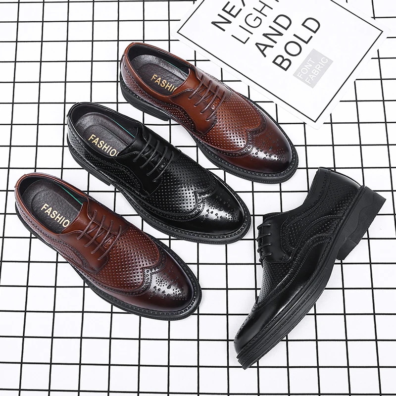 メンズレザーシューズ メンズビジネスカジュアルブローグブルーシューズ 彫刻された中空レザーシューズ