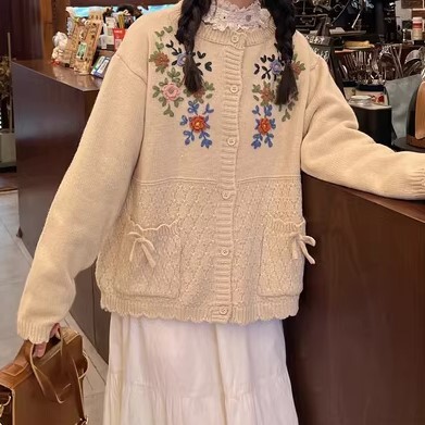セーター ジャケット ルーズ フラワー リボン カーディガン オーバーサイズ 長袖 ニット かわいい 大人可愛い きれいめ カジュアル 大人 上品 おしゃれ お洒落 かっこいい 大人女子 ラフ