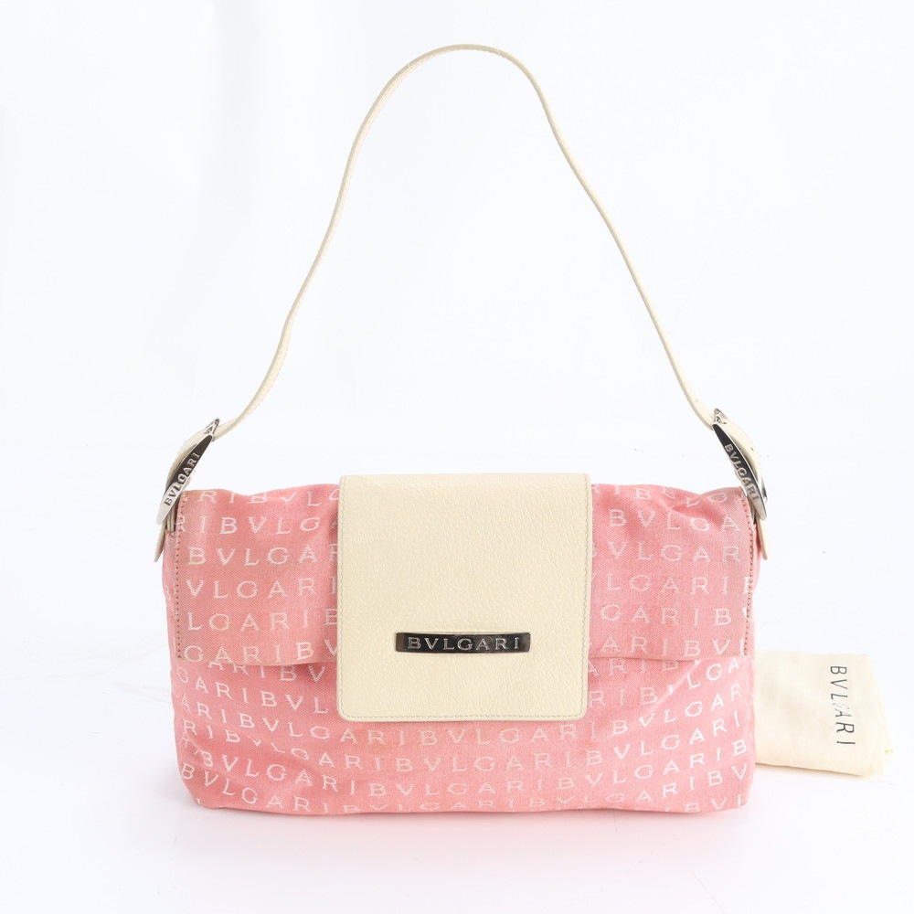 美品 ロゴマニア レザー×キャンバス ショルダーバッグ 肩掛け トート ハンド 本革 ピンク レディース RWM DN26-9 中古