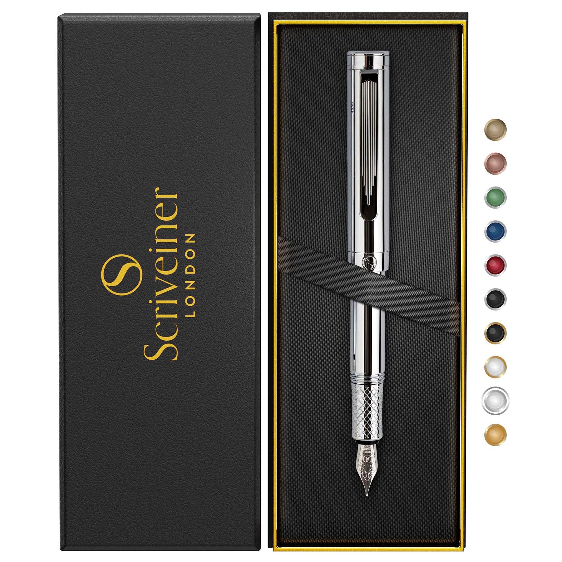 Scriveiner 高級 EDC 万年筆(ミディアム) 華やか 重厚感 ポケット ペン クローム仕上げ Schmidt ドイツ製ペン先 コンバーター 最高のライティングペン ギフトセット 男性用 女