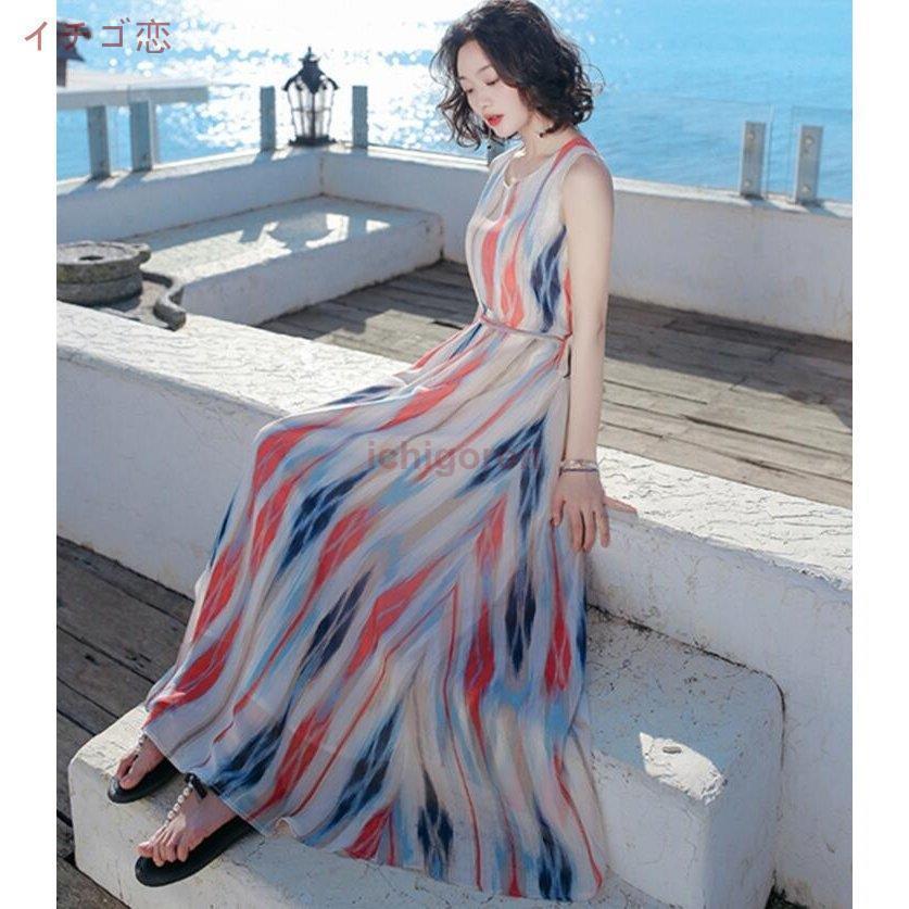 【超お得1つ買うと10個もらえる】ボヘミアン風 ビーチ ワンピース マキシ丈ワンピース 夏 リゾート ワンピース ノースリーブ 海 ハワイアン マキシワンピ レディース 着痩せ効果