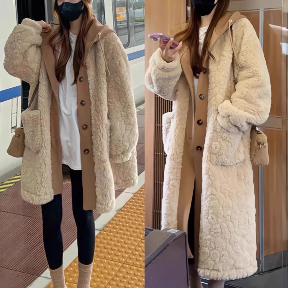 冬 女性用 ツーウェイ見せ ロングテディベアアウター 本革&ファー 厚手 保温 カジュアル コート 新作 人気商品 4,815円