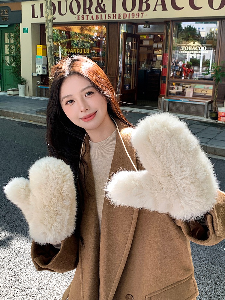 真兎毛編み手袋冬にベルベットがかわいい保温防風弾力皮草手袋真毛連指手袋女