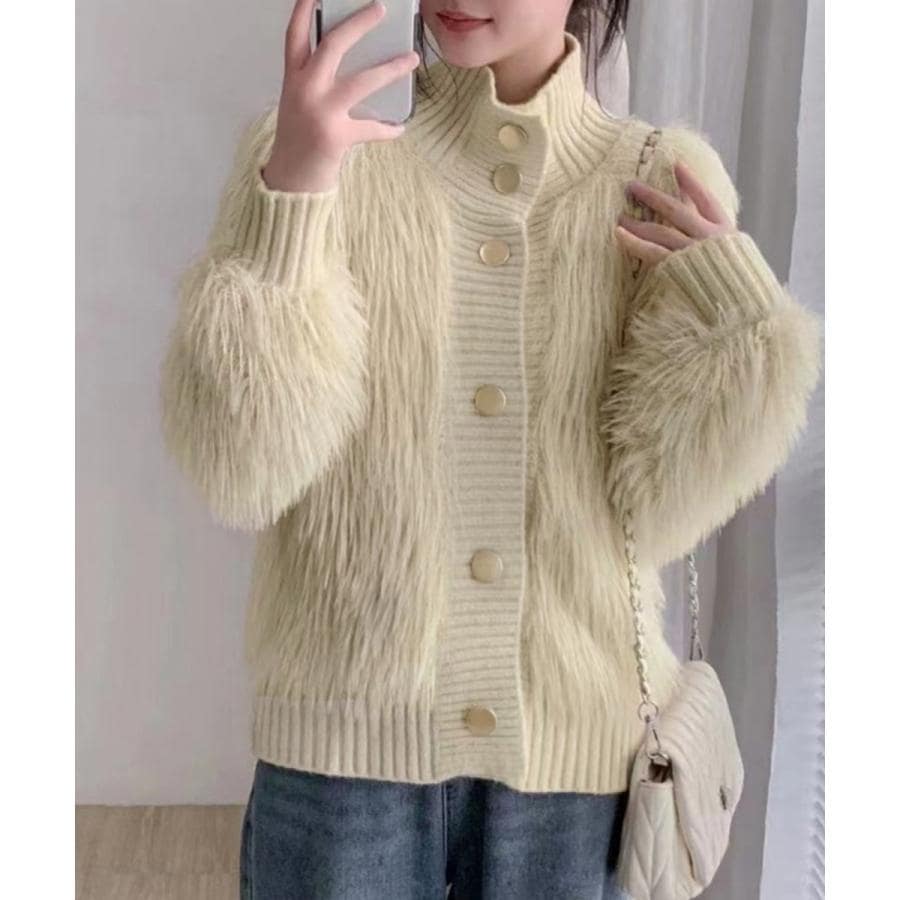 ブラウス ファーカーディガン スタンドカラー 韓国 ニット