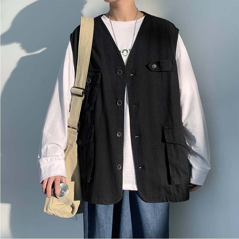 アンサンブル トップス アウター ベスト ジャケット 上着 袖なし ノースリーブ Vネック 襟なし ワイド ポケット 前開き ボタン シンプル カジュアル 大人 おしゃれ お洒落 かっこいい