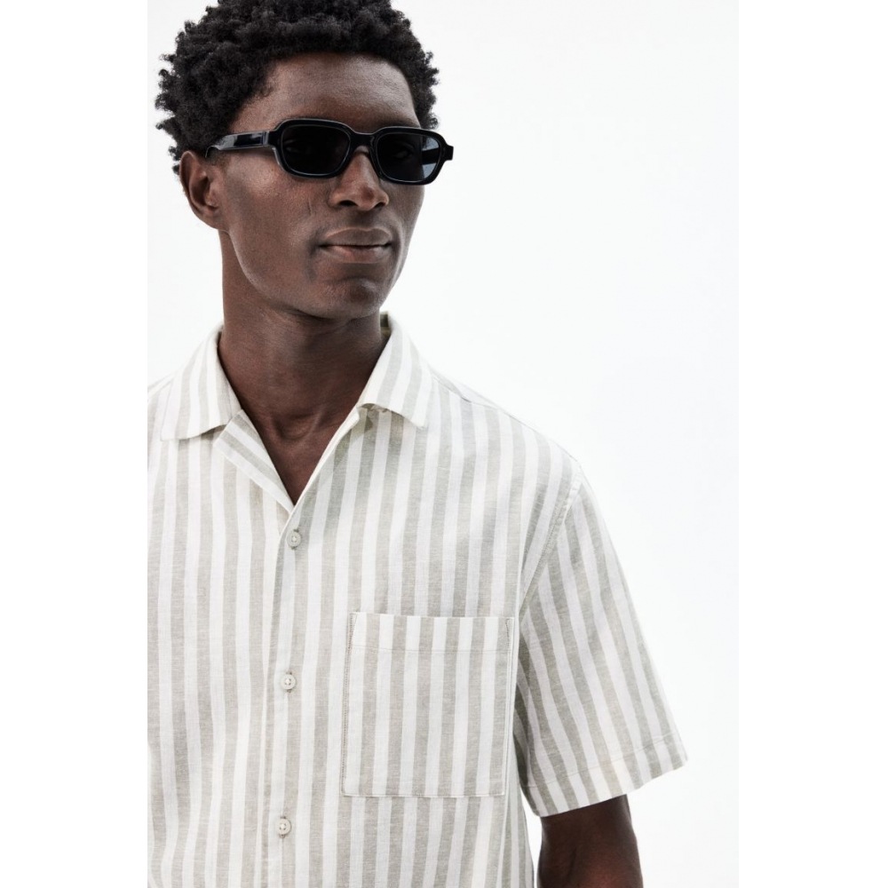 H&M レギュラーフィット リネンブレンドシャツ グリーン/ホワイトストライプ