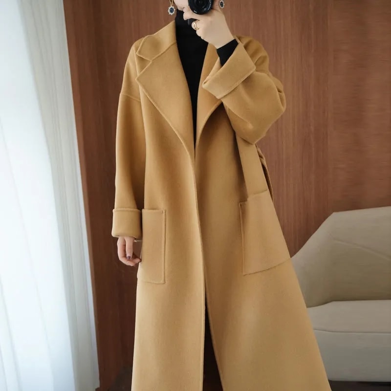 フリースで決まり大人っぽチェスターコート秋冬ゆったりセミロング丈 カシミヤコートLFZ367