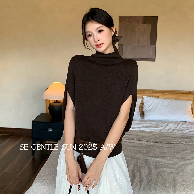 レディース ブラウス トップス 半袖 ニットトップス 単色 ハイネック 気品ある 2025秋