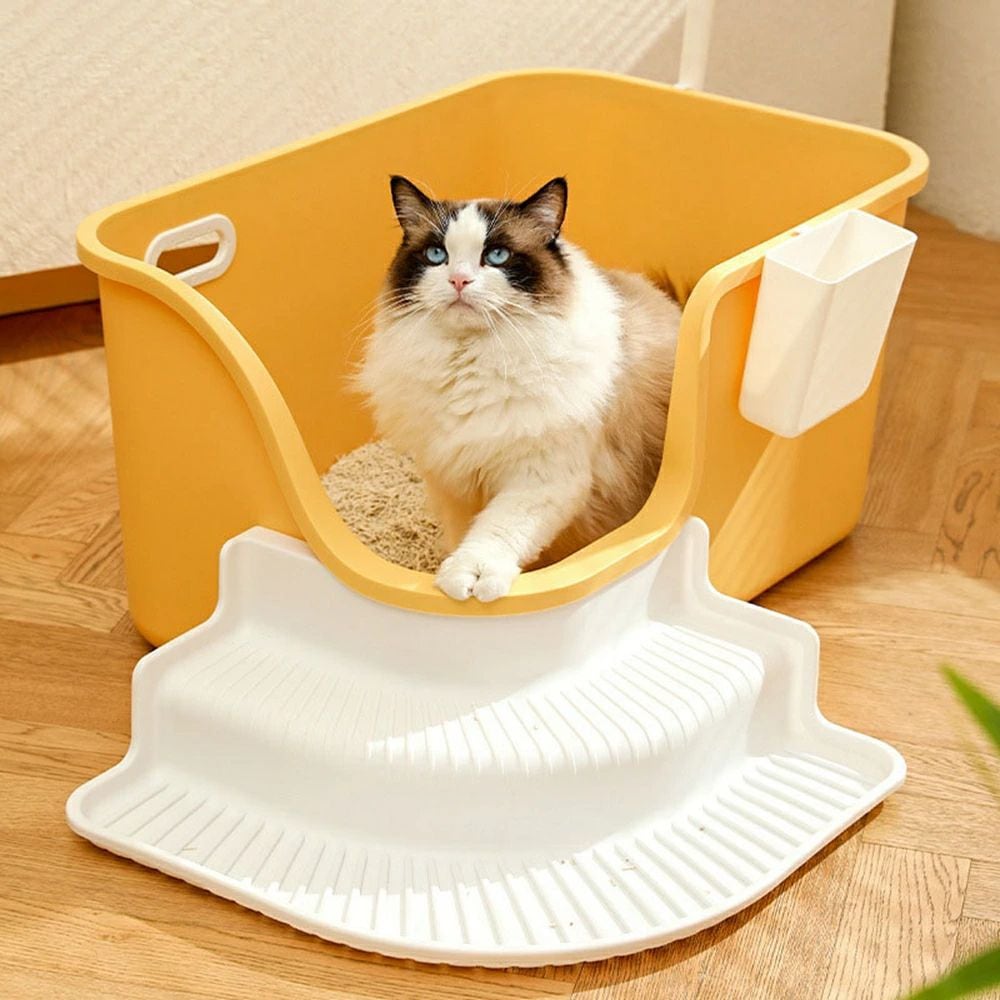 大型猫トイレ　オープンタイプ　猫用トイレ本体　大きめ　深め　猫のトイレ　広々サイズ　ゆったり　砂飛び散り防止　大開口　スコップ付き　大きな猫のトイレ　ペットトイレ　掃除簡単　階段付き　お手入れ簡単　多