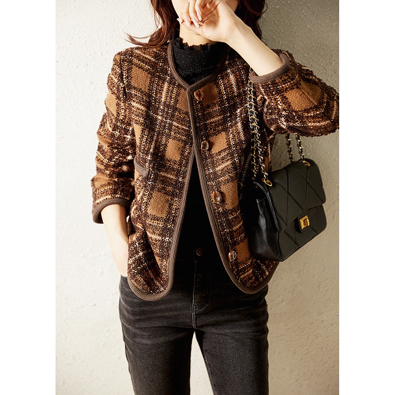 ツイードジャケット レディース 40代 長袖ノーカラージャケット チェック柄 ショット丈ツイードコート 春コート 薄手アウター 秋服 韓国風 通勤OL 30代 50代