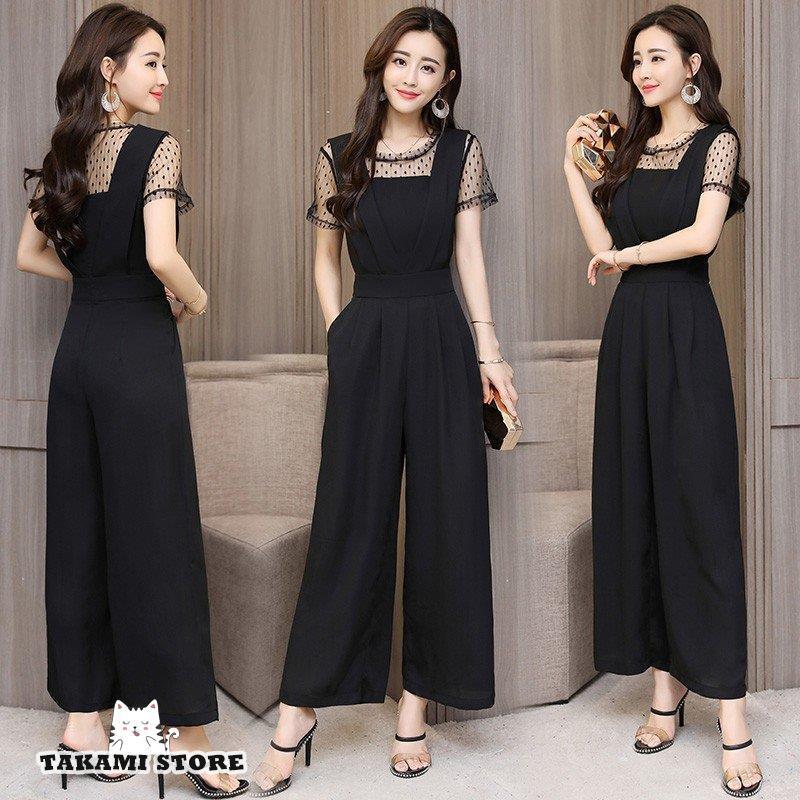 パンツドレス 大きいサイズ 3L オールインワン レディース 半袖 ワイドパンツ かっこいいパンツドレス パーティードレス 黒 レース 結婚式 二次会 お呼ばれ