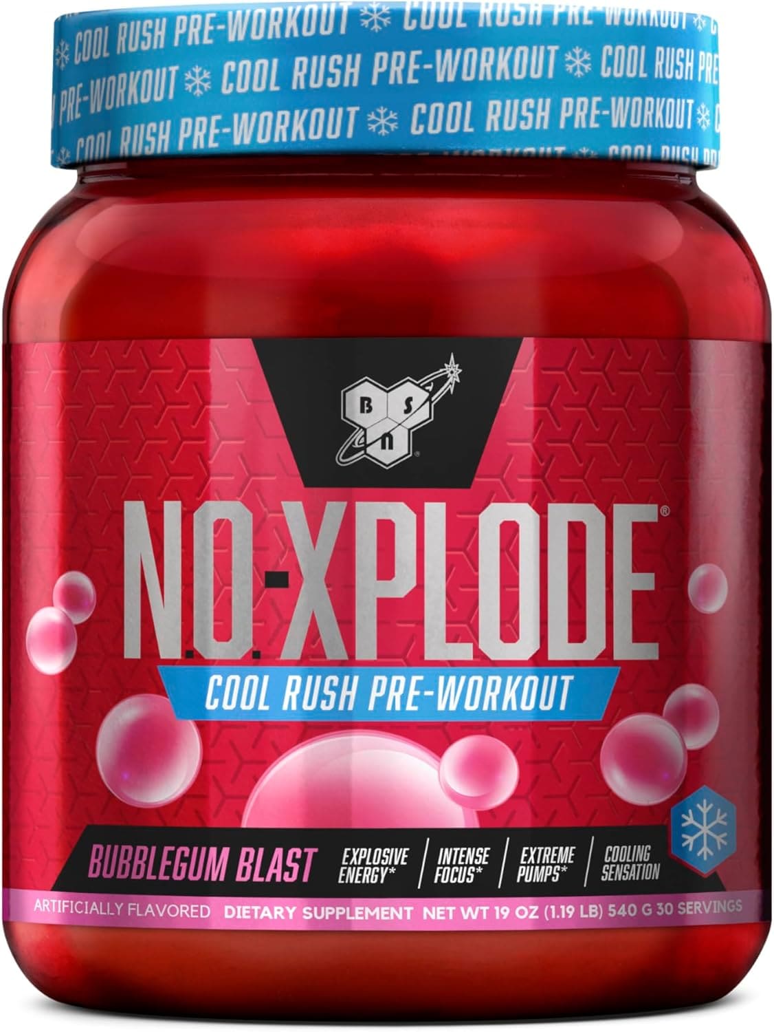 BSN N.O.-XPLODE Cool Rush Pre Workout Powder, Creatine and Beta-Alanine, Bubblegum Blast, 30 Serving