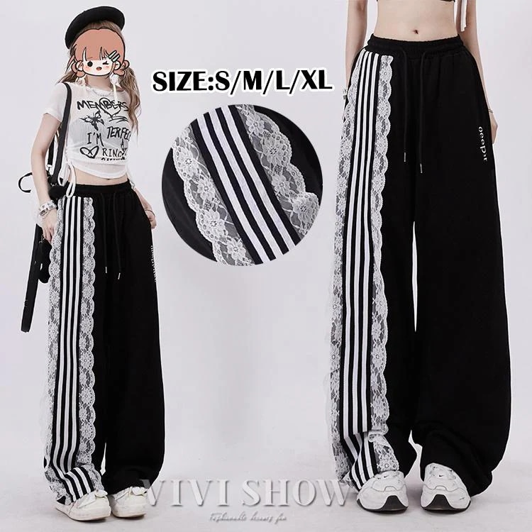 [入荷]レディース　ジャージ サイド ライン レース ワイド イージーパンツ オシャレ スウェット ロング