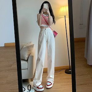 デニムボトムス ホワイト ハイウエストワイドデニム 女性 小柄 ゆったりストレートドレープパンツ ジーンズ ボトムス レディース 美脚 デニムパンツ