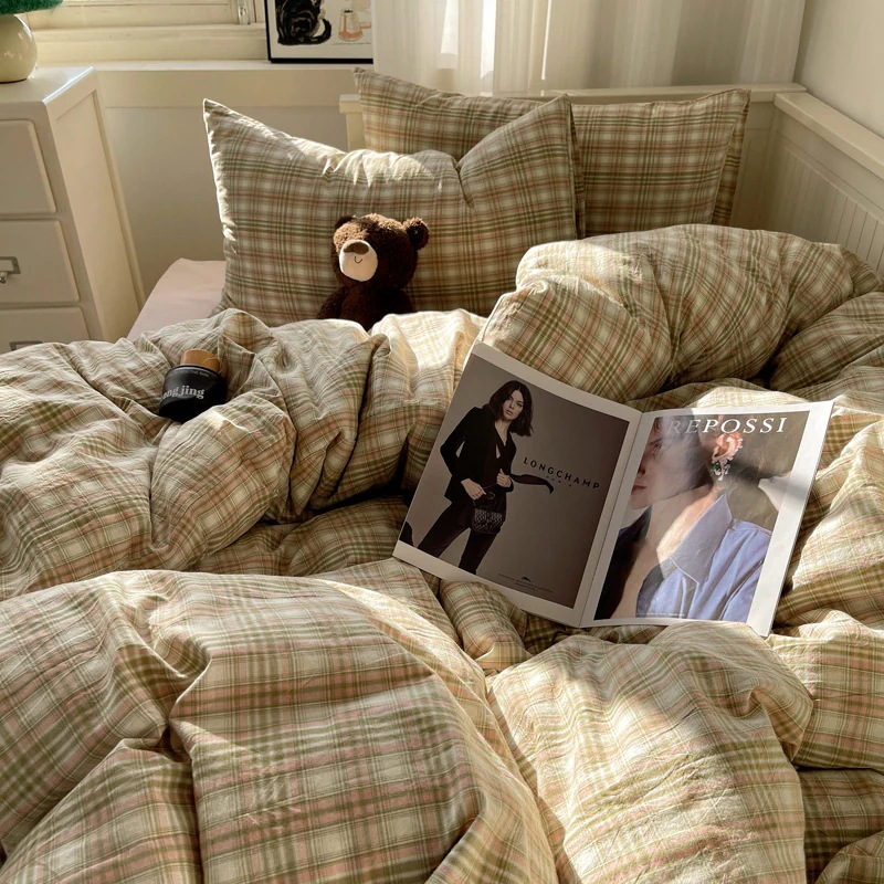 【急速出荷!】シンプルブロガー ウォッシュドコットン グリーンチェック柄 1.5m1.8枚 フィットキルトカバー4点セット