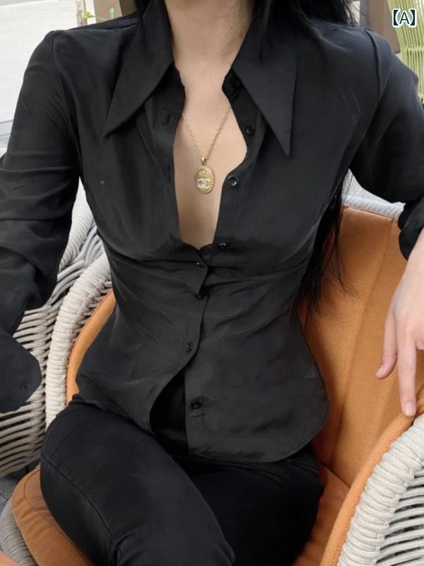 Yシャツ　無地　シンプル 黒 シャツ レディース 春秋 商品 スリム プロ ウエスト 長袖 薄手 ポロ 襟 日焼け防止 トップ