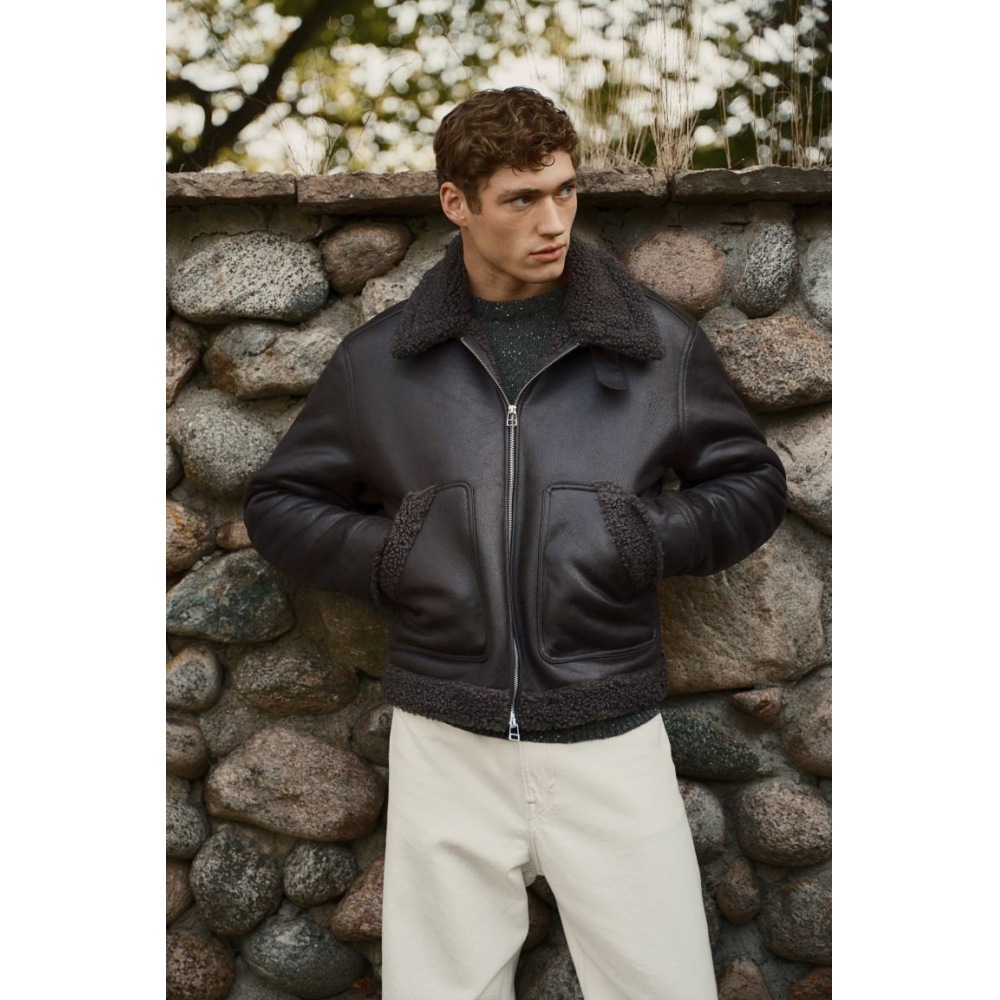 H&M レギュラーフィットテディトリムジャケットダークブラウン