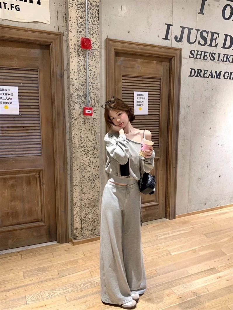韓国っぽ 2025秋冬 トップス×パンツかわいいレディース長袖レトロセット トレーナー 2way サイズ丈コーデカジュアルスポーツファッション系通学学生袖お出かけアップシルエットトラック