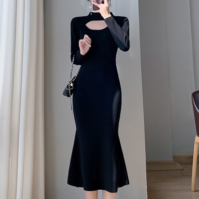 韓国 マーメイド ドレス フロントカットアウト 長袖 秋冬 長袖 無地 ロング ホームパーティーアイテム ハイネック 謝恩会 結婚式二次会 タイト Aライン フレア かわいい 大人可愛い きれいめ