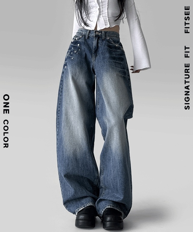トゥインクル スナップ ボタン デザイン ワイド 立体フィット デニム パンツ ズボン