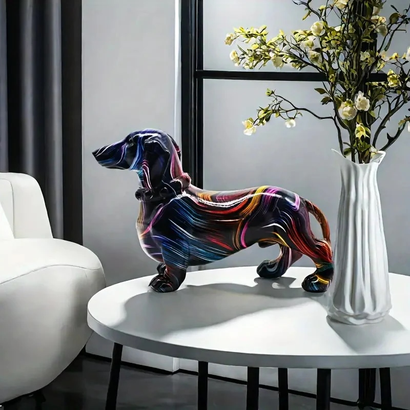 オブジェ 置物 アニマル 犬 ドッグ ダックスフント 彫刻 樹脂製 カラフル ラインアート お洒落 芸術的 ロッシスタイル ホームオフィス 4-7