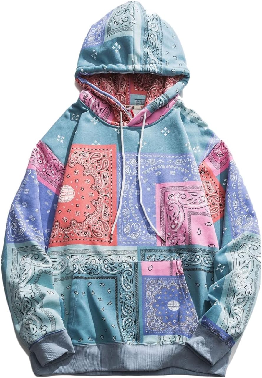 メンズ 長袖 パーカー 上着 春秋 カシューナッツ柄 切り替え プルオーバー ビッグシルエット オシャレ 通気性 ストレッチ フード付き 体型パカー トップス トレーナー 柔らかい 丈長め カジュアル