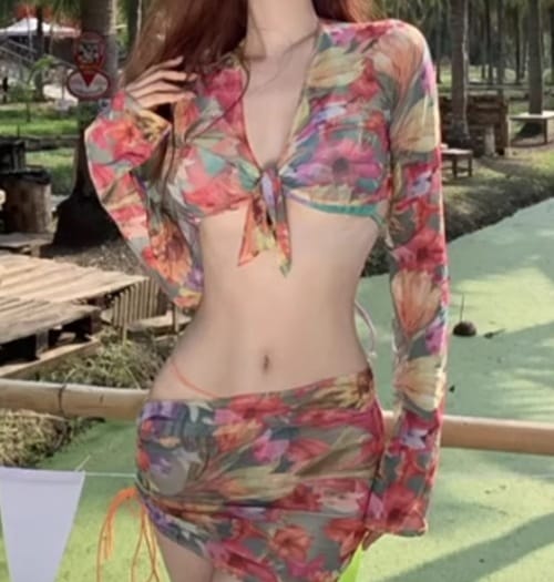 人気 水着 ビキニ スイムウェア レディース 紐 体型カバー ラッシュガード セパレート 二の腕カバー 長袖 シフォン シースルー シャーリング セット スリーピース 上下セット かわいい 可愛い